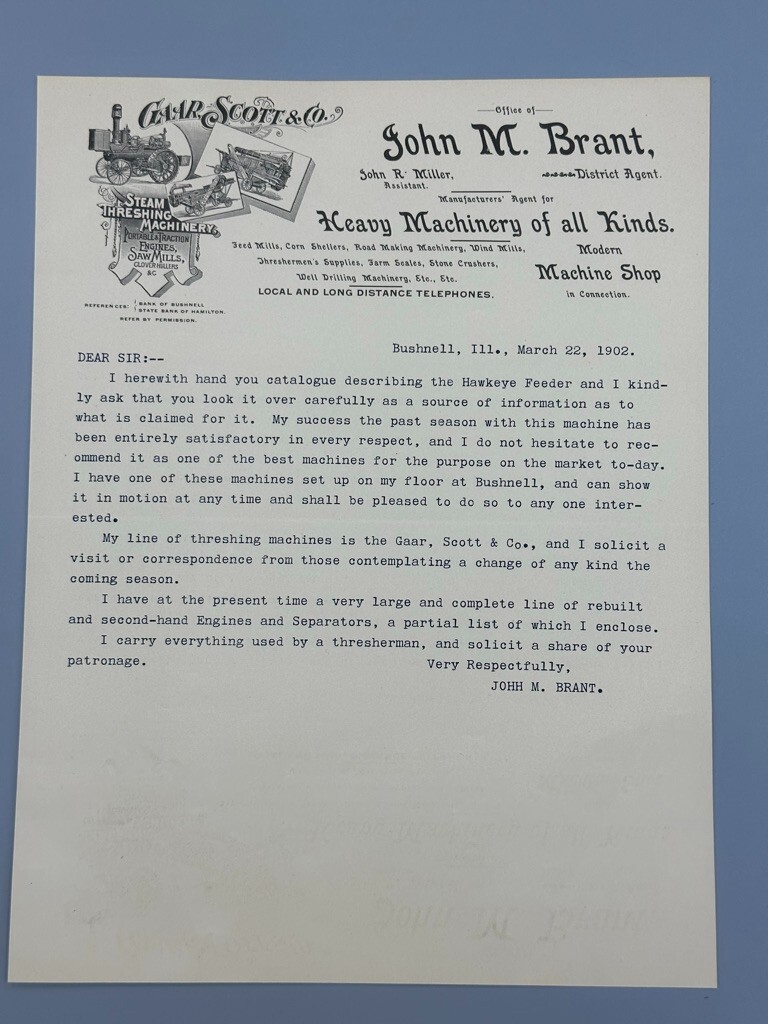 1902 GAAR SCOTT & Co THRESHING MACHINERY Farm Advertising Letter JOHN BRANT