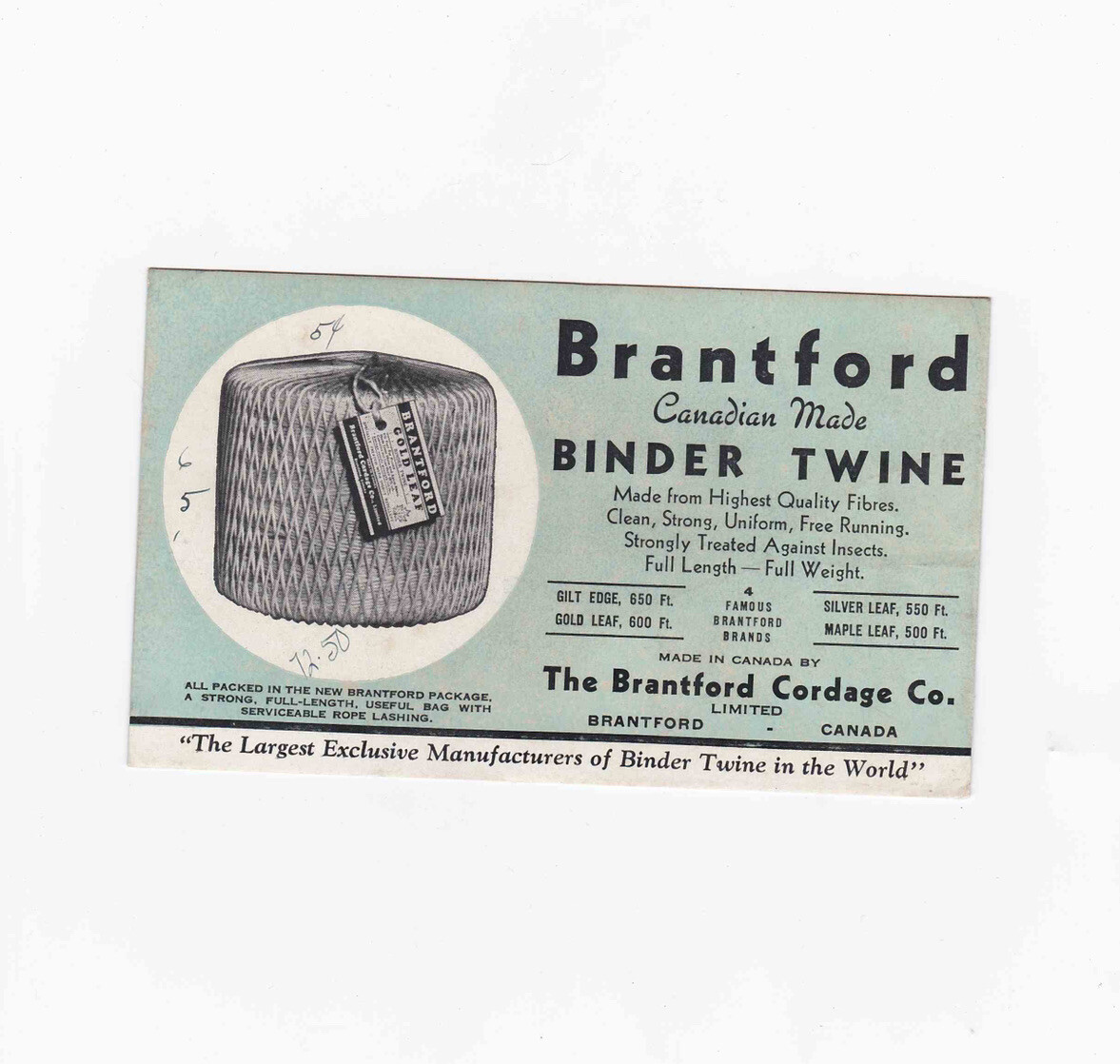 Antique 1930&rsquo;s Brantford Binder Twine & Cordage Co. Ontario Trade Card E02-147