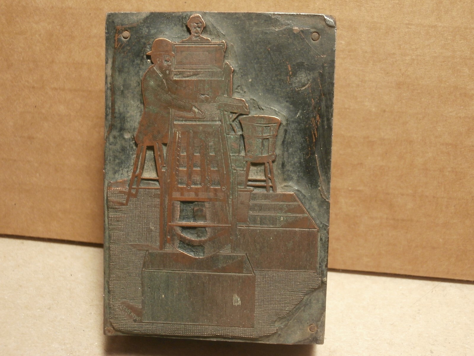 Antique Printers Printing Block Men Operating Fruit Sorter Assorter w/ Basket