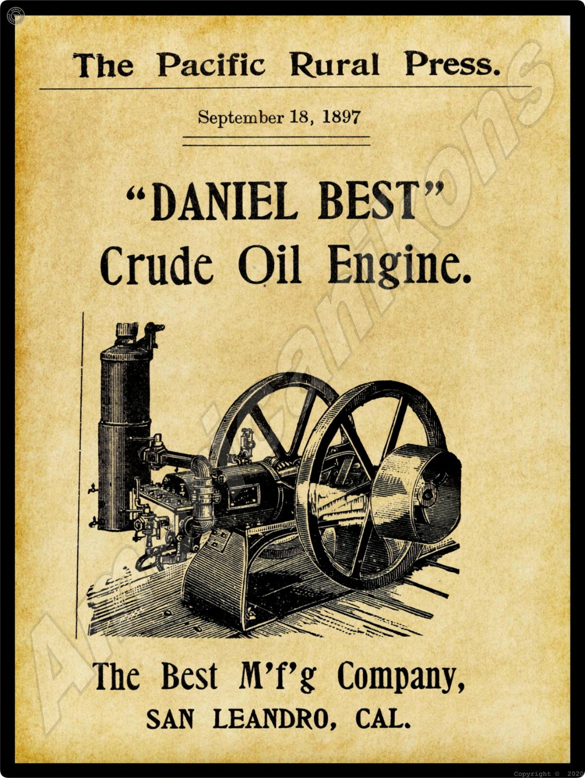 1897 Daniel Best Crude Oil Engine New Metal Sign: San Leandro, California