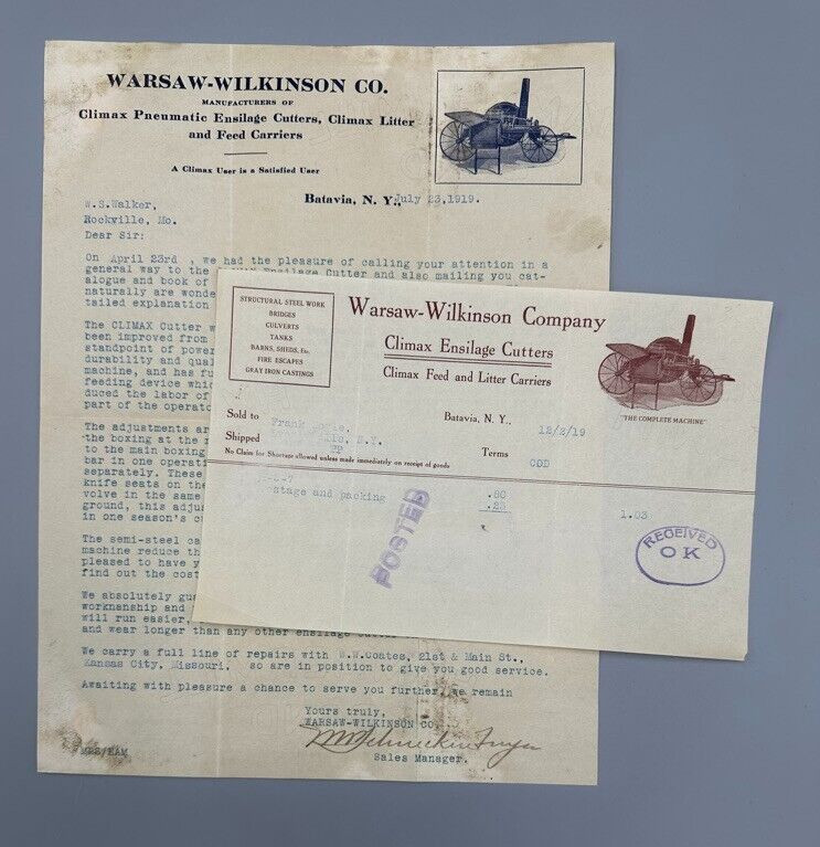1919 WARSAW WILKINSON Climax Ensilage Cutters FARM Advertising Letter BATAVIA NY