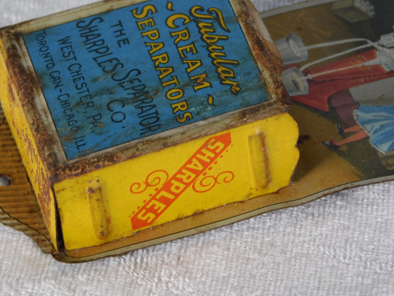 Antique Sharples Tubular Cream Separator Cow Litho Tin Sign Match Holder Safe