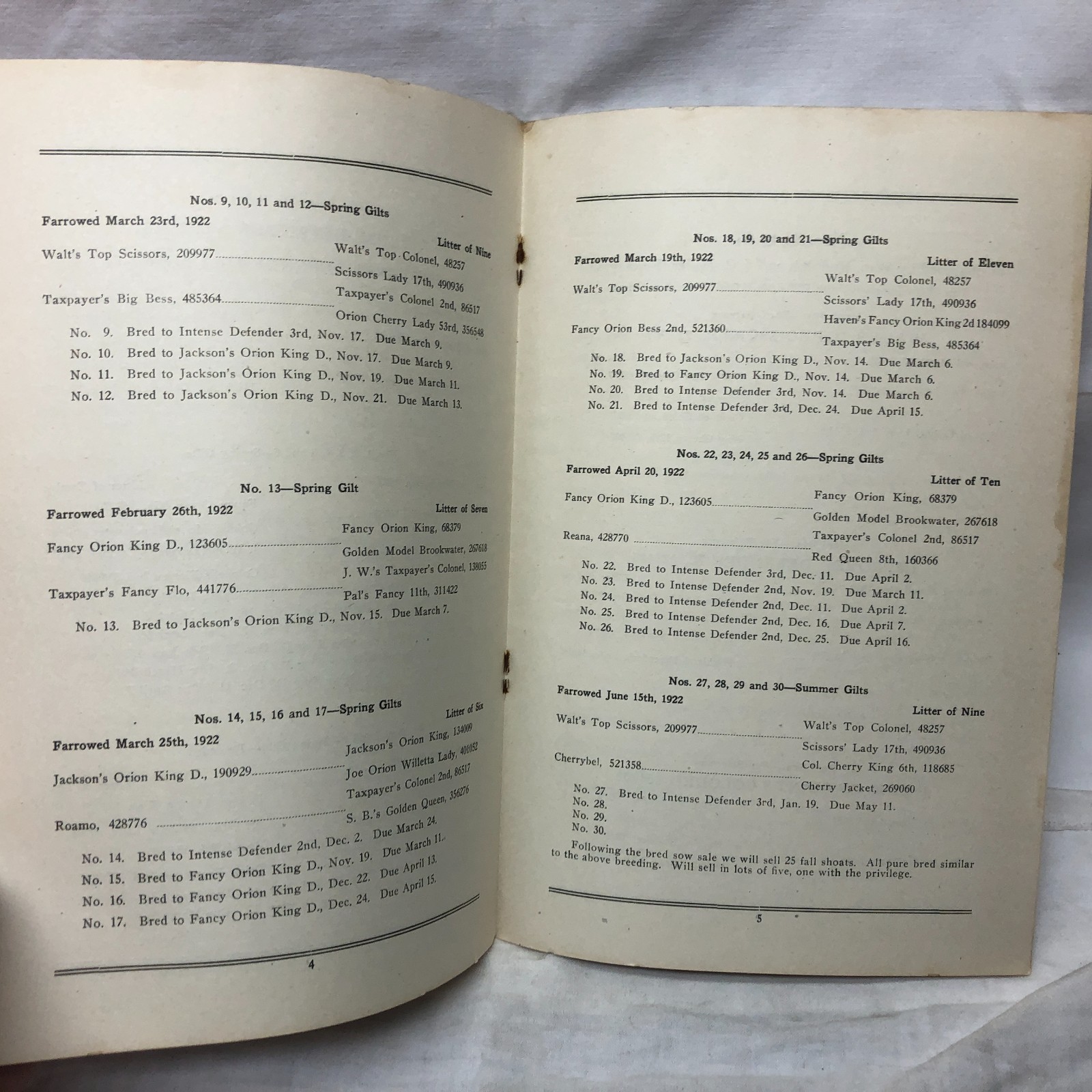 Vintage 1923 45-Duroc-45 Bred Sows Sale Booklet