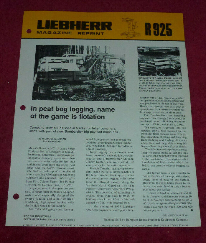 Vintage Liebherr Magazine Reprint R925 Atlantic Forest Products Mann&rsquo;s Harbor