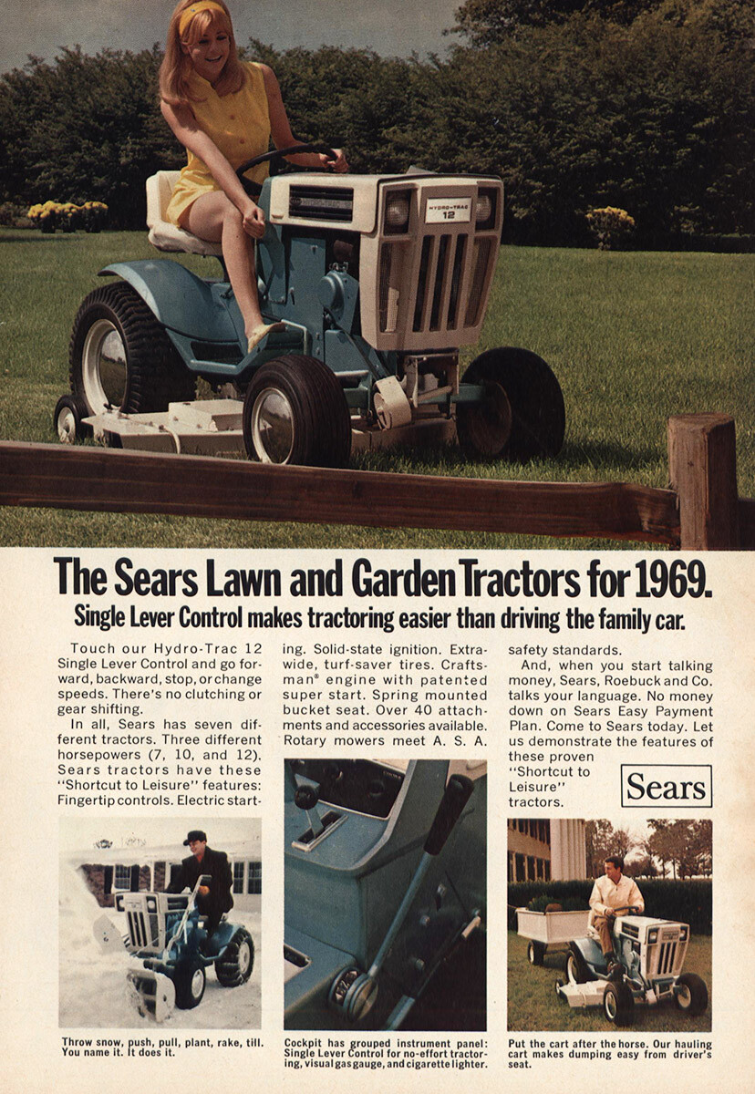 1969 Sears Lawn Garden Tractor: Driving Family Car Vintage Print Ad