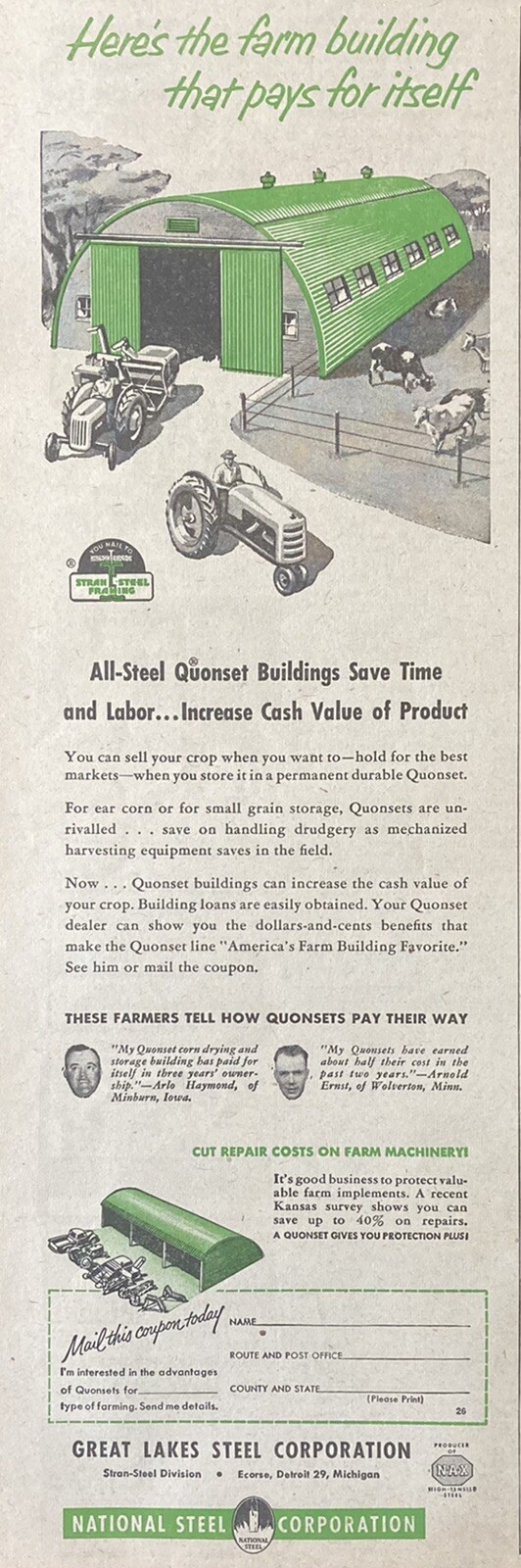 1951 AD(XH4)~GREAT LAKES STEEL CO. DETROIT. ALL-STEEL QUONSET FARM BUILDINGS