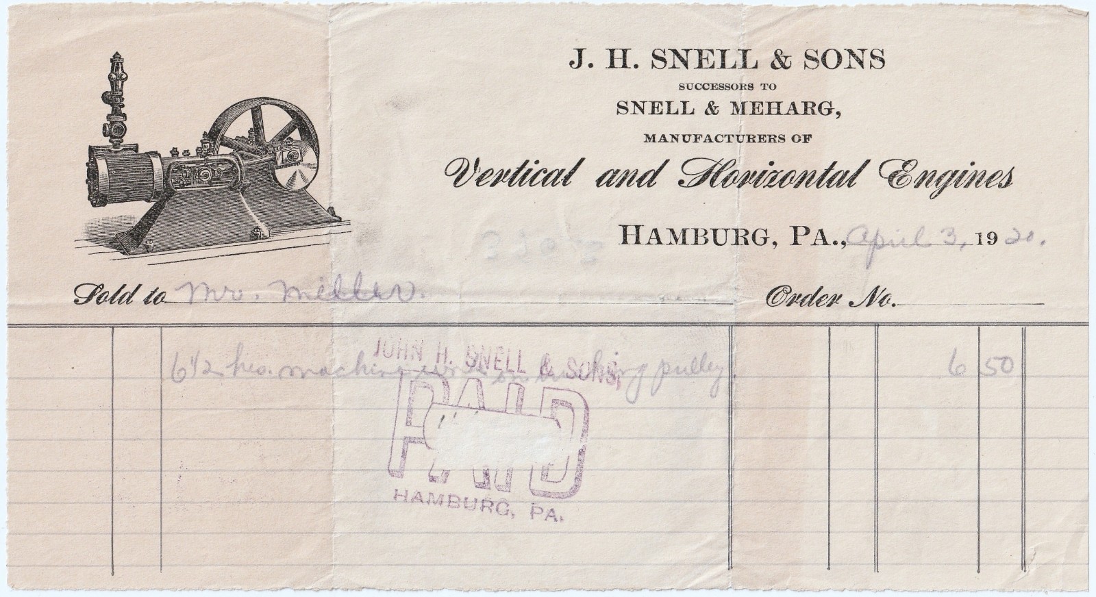 RARE Billhead Snell & Sons/ Meharg Vertical & Horizontal Engines Hamburg PA 1920