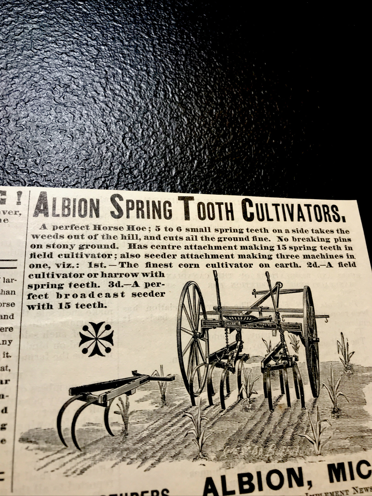1886 Albion Daisy Rake Farm Engraving Advertising – Albion – Michigan