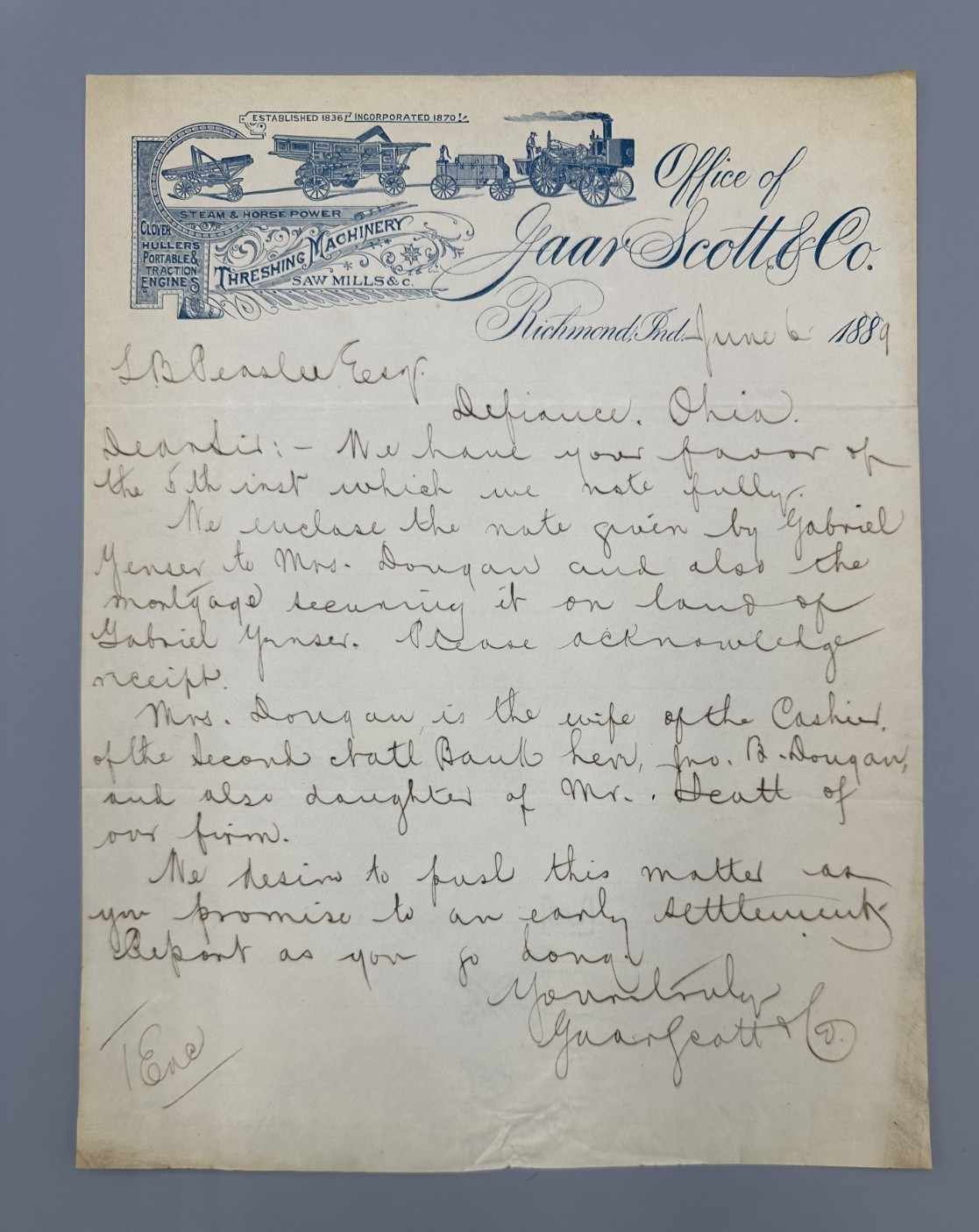 1889 GAAR SCOTT Saw Mills THRESHING MACHINES Letter FARM Advertising RICHMOND IN