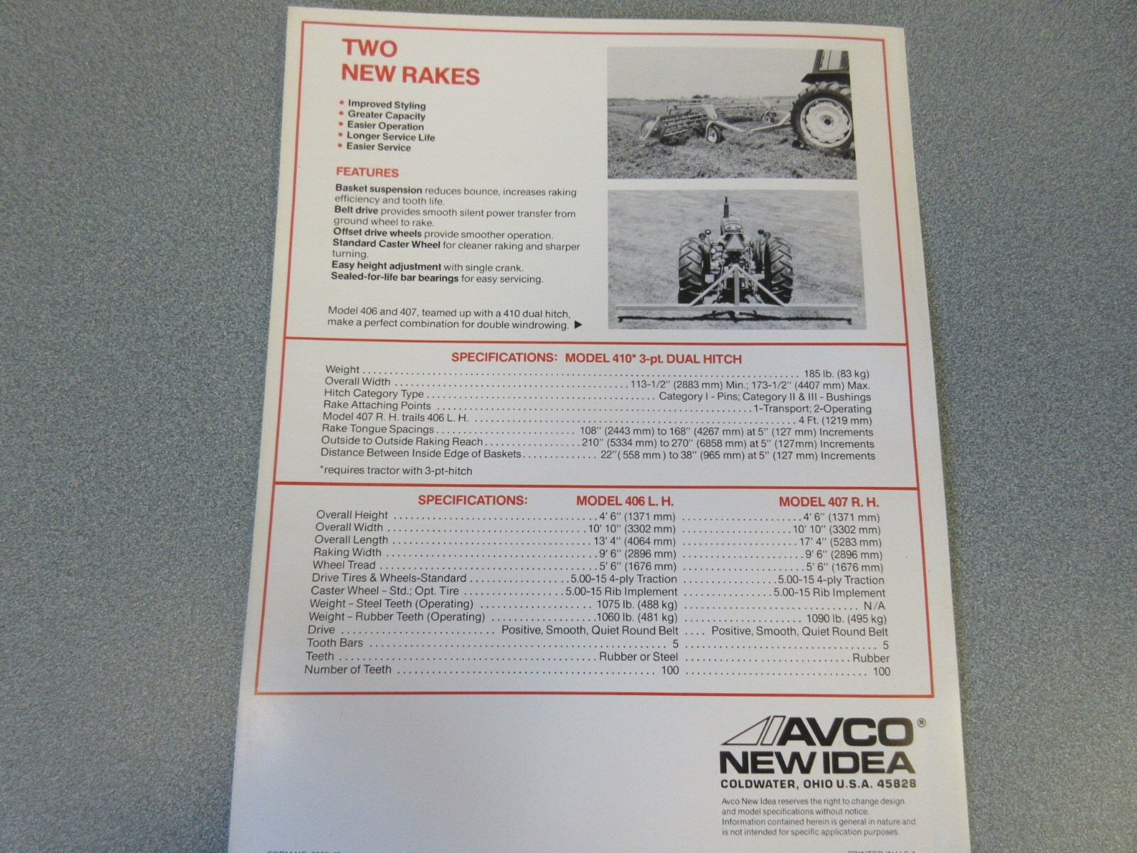 Avco New Idea Rakes Sales Sheet