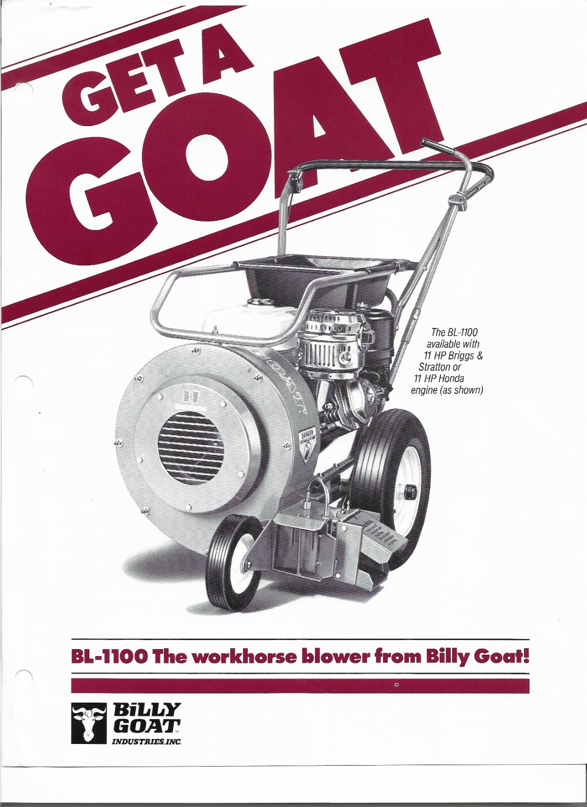 Original OEM OE Billy Goat Model BL1100 Blower Sales Brochure Form No. 021787