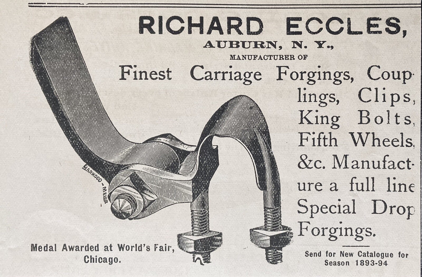 1894 AD.(XH8)~RICHARD ECCLES CO. AUBURN, NY. CARRIAGE FORGINGS, DROP FORGINGS
