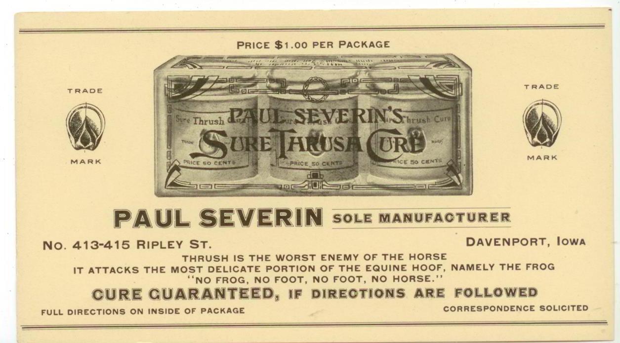 c1920s Paul Severin Horse Sure Thrush Cure Davenport Iowa ad flyer/insert