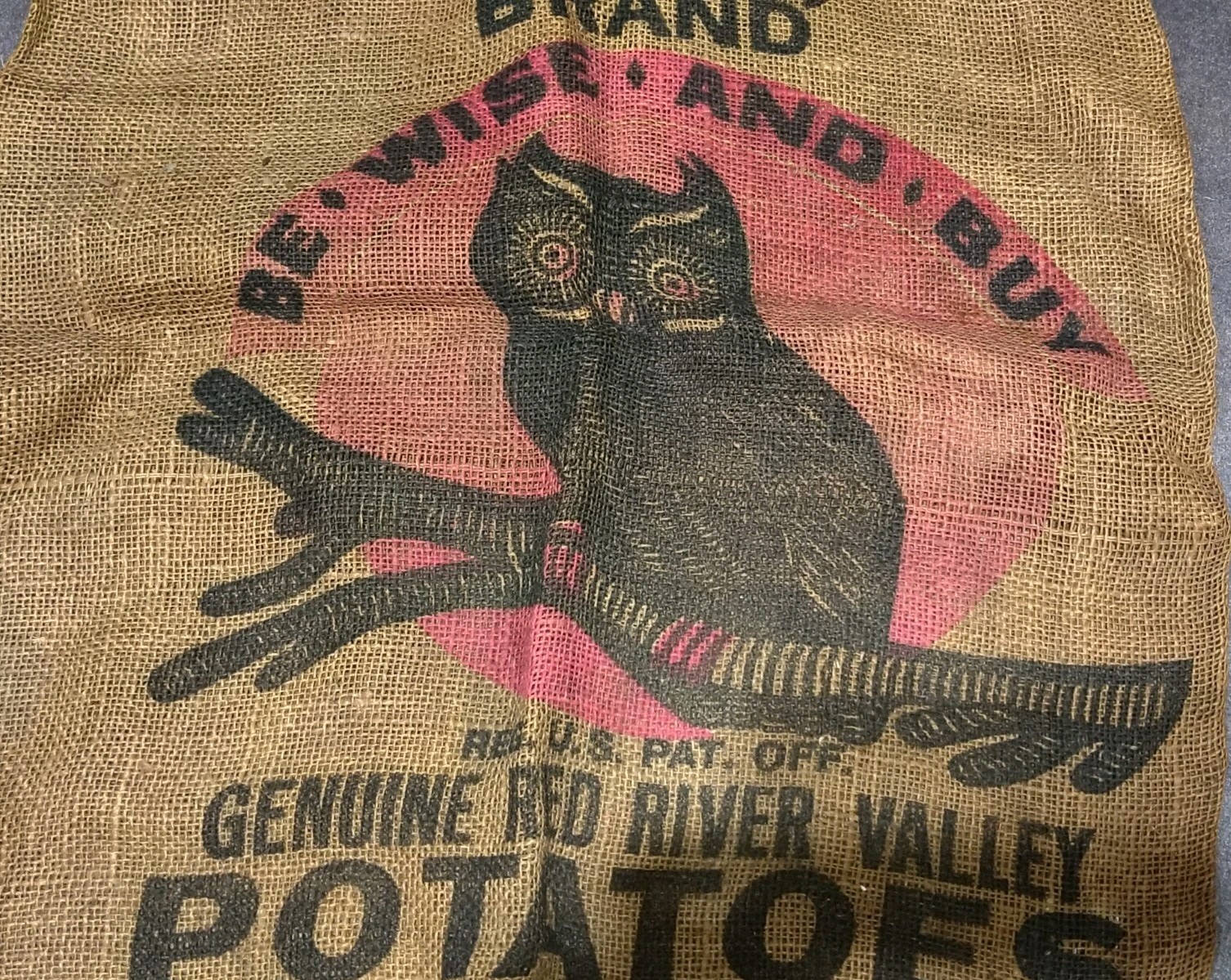 VTG Burlap 100 Lb Who-o! Who-o! (OWL) Brand Potato Sack Good Graphics & Color