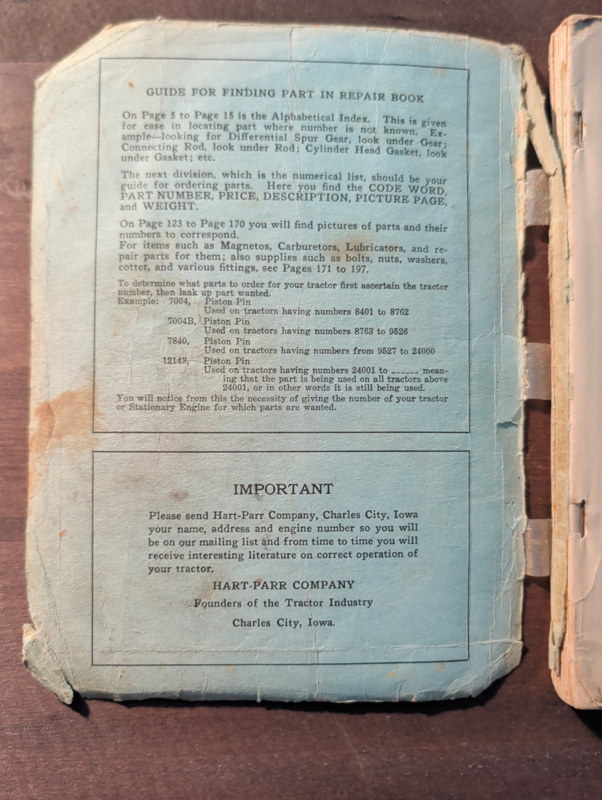 1929 Parts Price List for Hart-Parr « 30 » – « 16-30 » Tractor Serial # 8401 – 26000