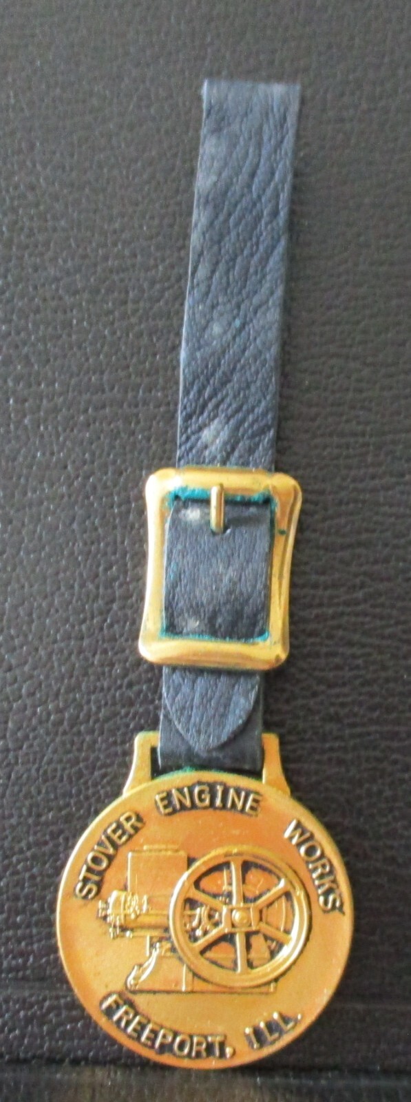 STOVER ENGINE WORKS Hit Miss Engine Brass Pocket Watch Fob Freeport Illinois IL