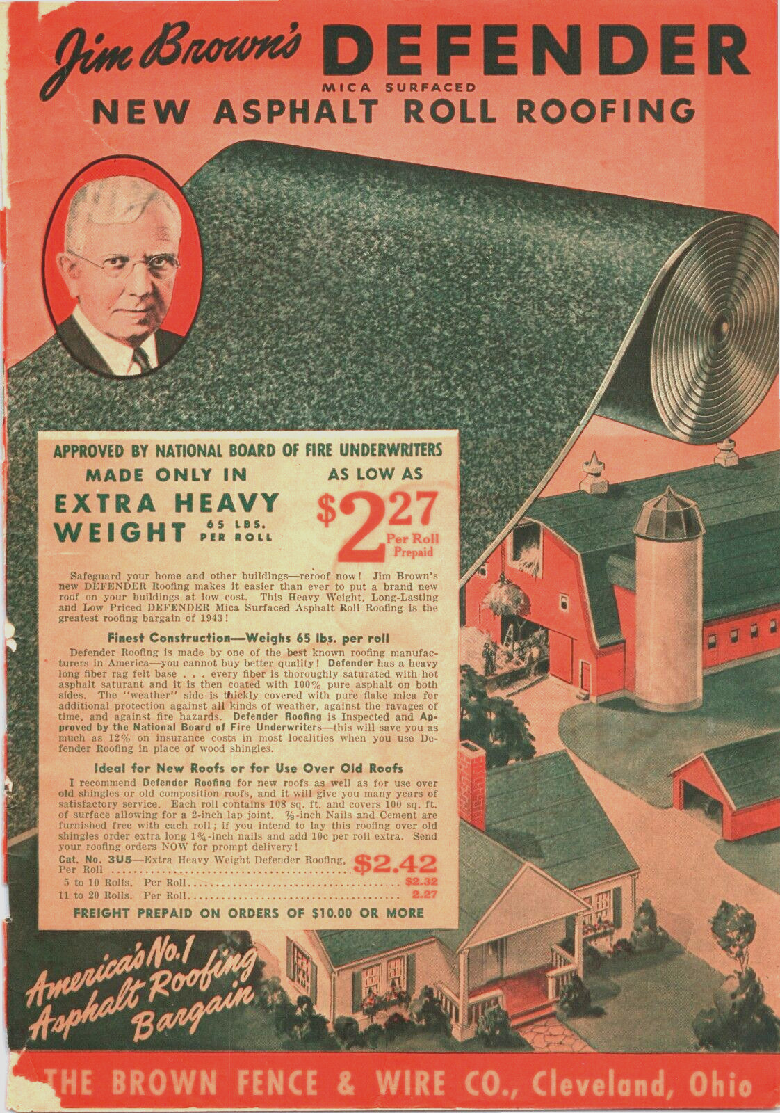1943 Print Ad DEFENDER ASPHALT ROLL ROOFING 9.5&Prime; x 6.5&Prime; Jim Brown product