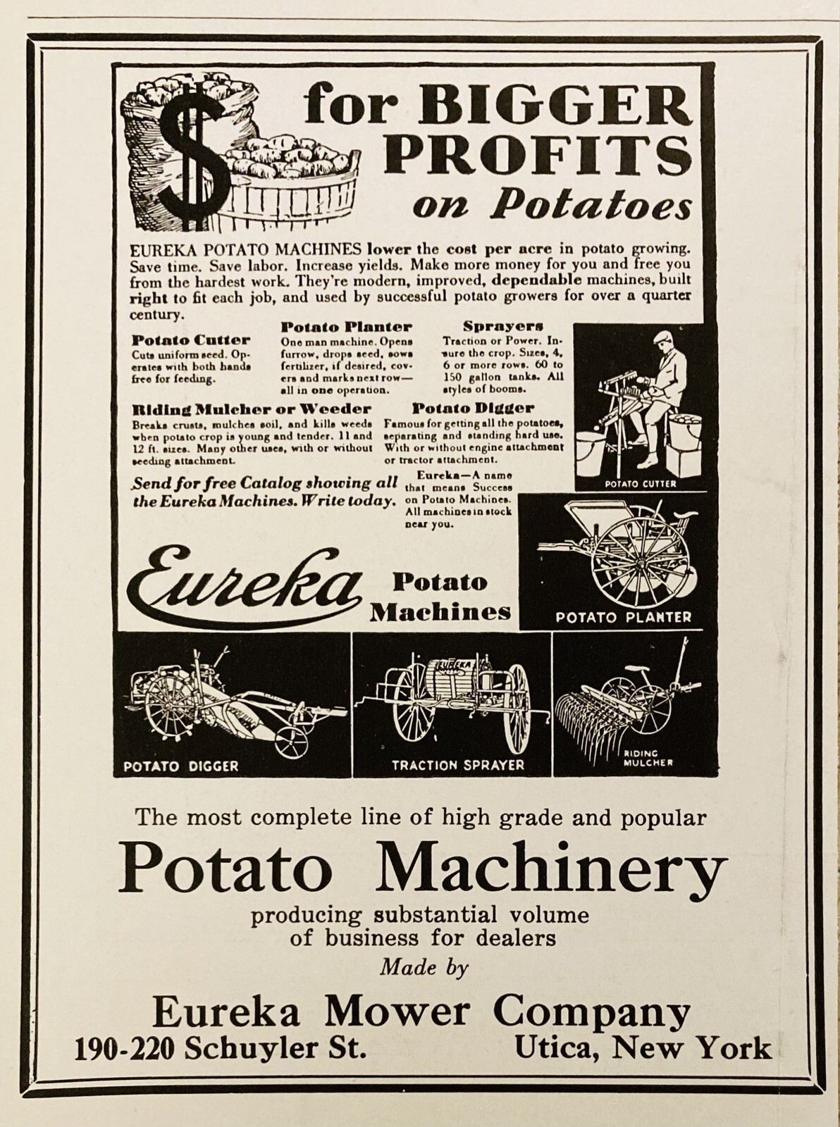 1936 AD.(XH80)~EUREKA MOWER CO. UTICA, NY. EUREKA POTATO MACHINES