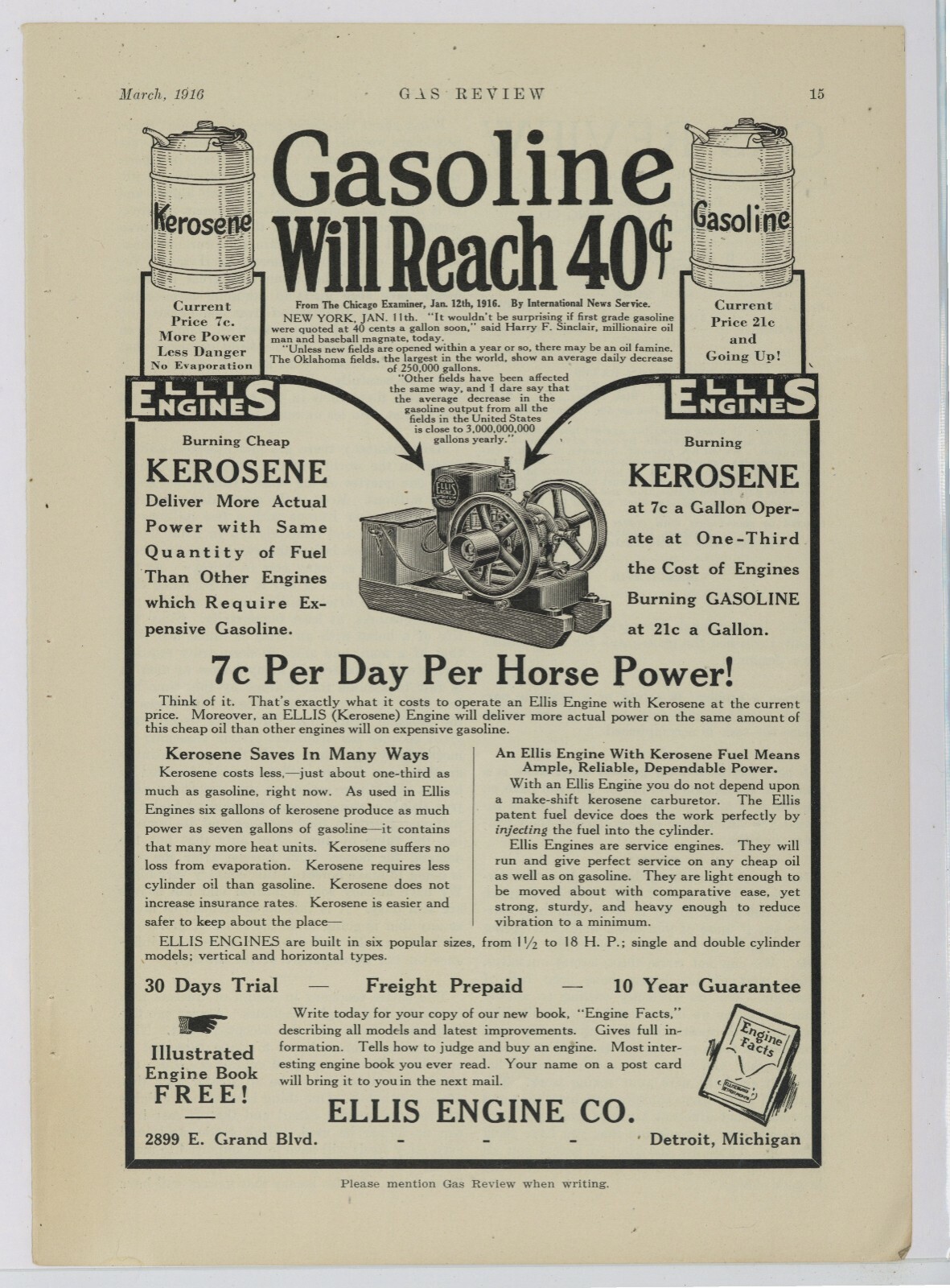 1916 Ellis Engine Co. Ad: Kerosene Stationary Engines – Detroit, Michigan