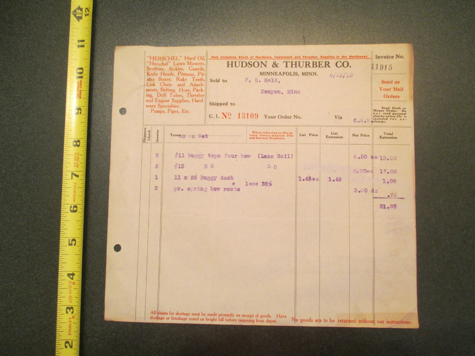 Hudson Thurber Herschel Lawn Mowers agriculture 1910 Invoice Letterhead 775