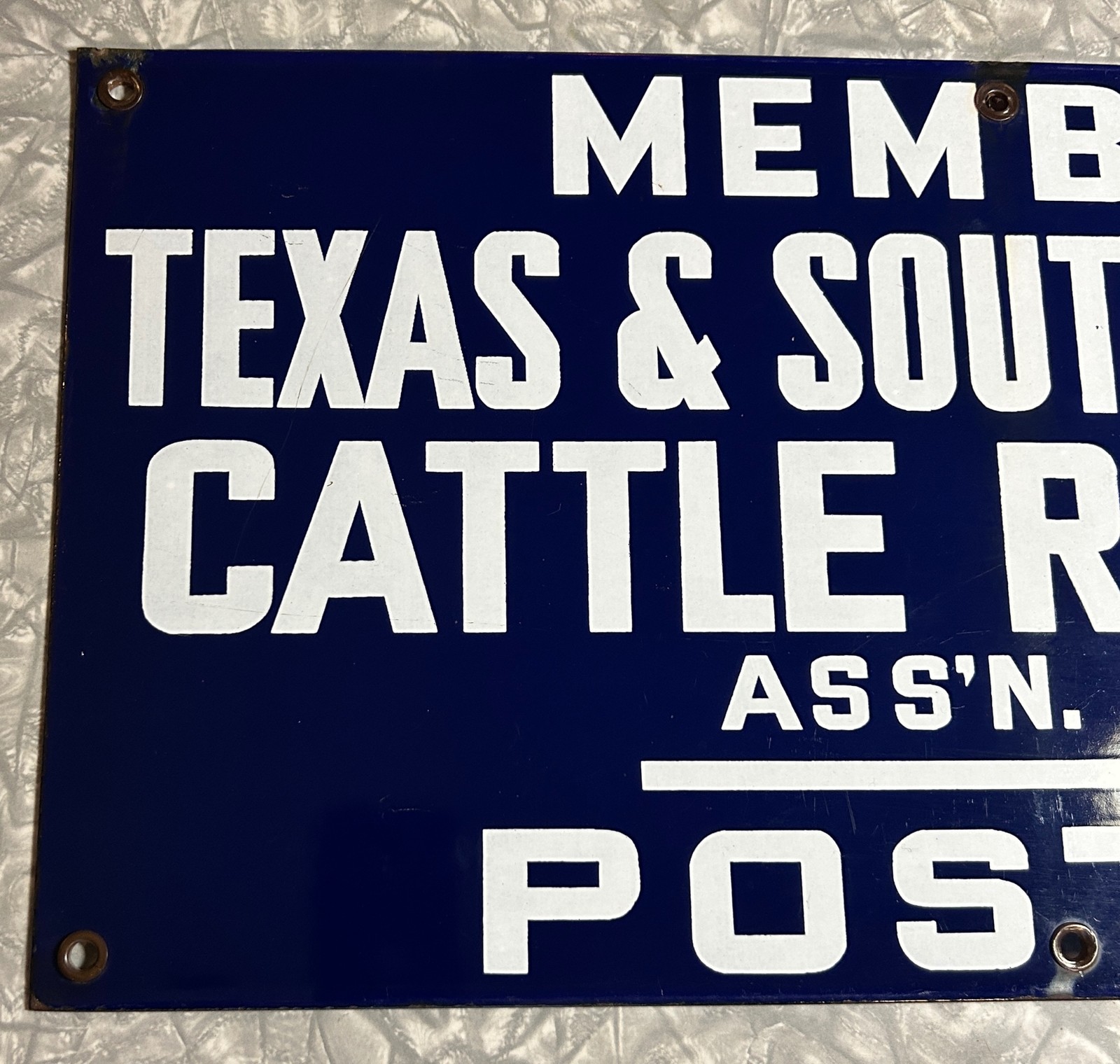 ORIGINAL OLD TEXAS SOUTHWESTERN CATTLE RAISERS MEMBER 10×20 PORCELAIN SIGN