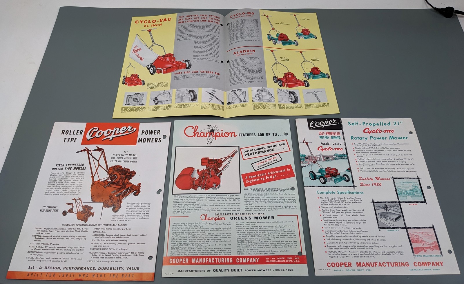 Cooper Power Mowers Brochures/Ads ~ Champion Cyclo-mo Cyclo-Vac Aladdin 60s