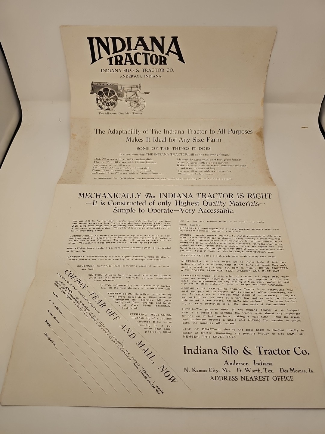indiana tractor brochure and letter gas engine farm hit miss etc