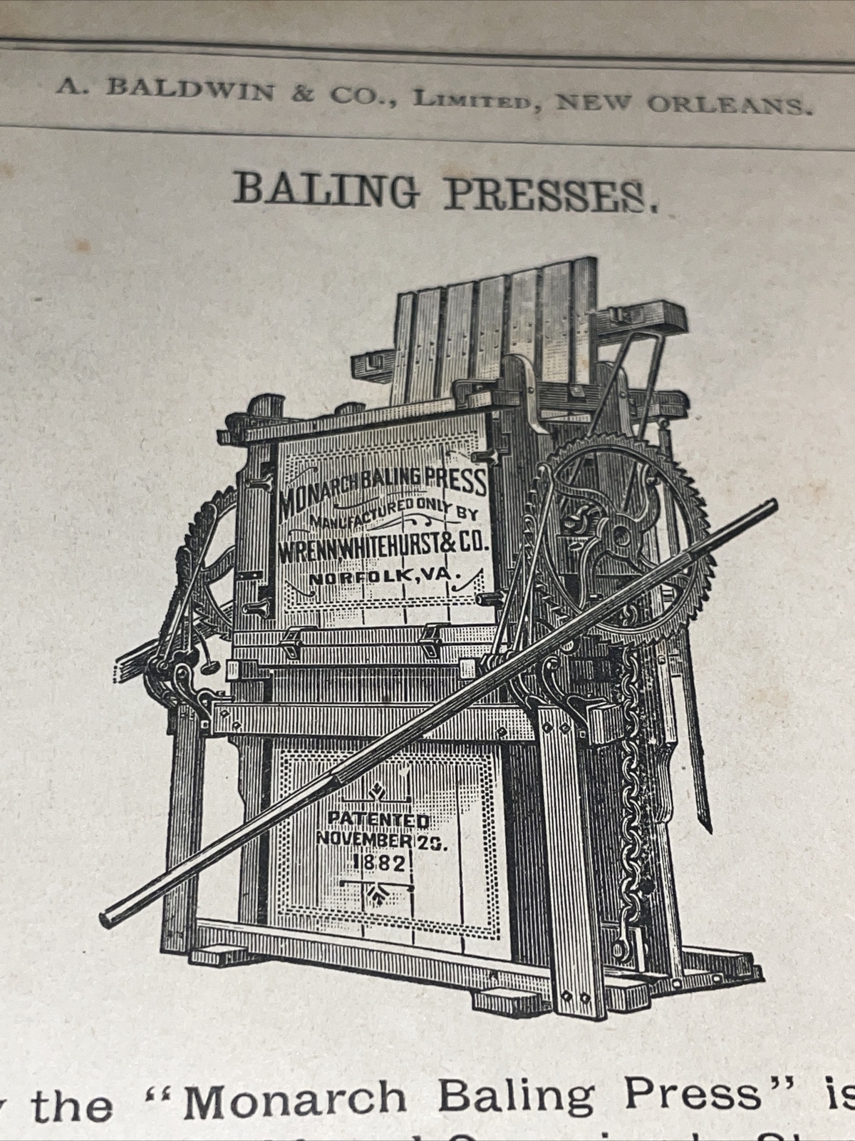 1891 Baldwin – Monarch Bailing Press Farm Advertising – Norfolk – New Orleans