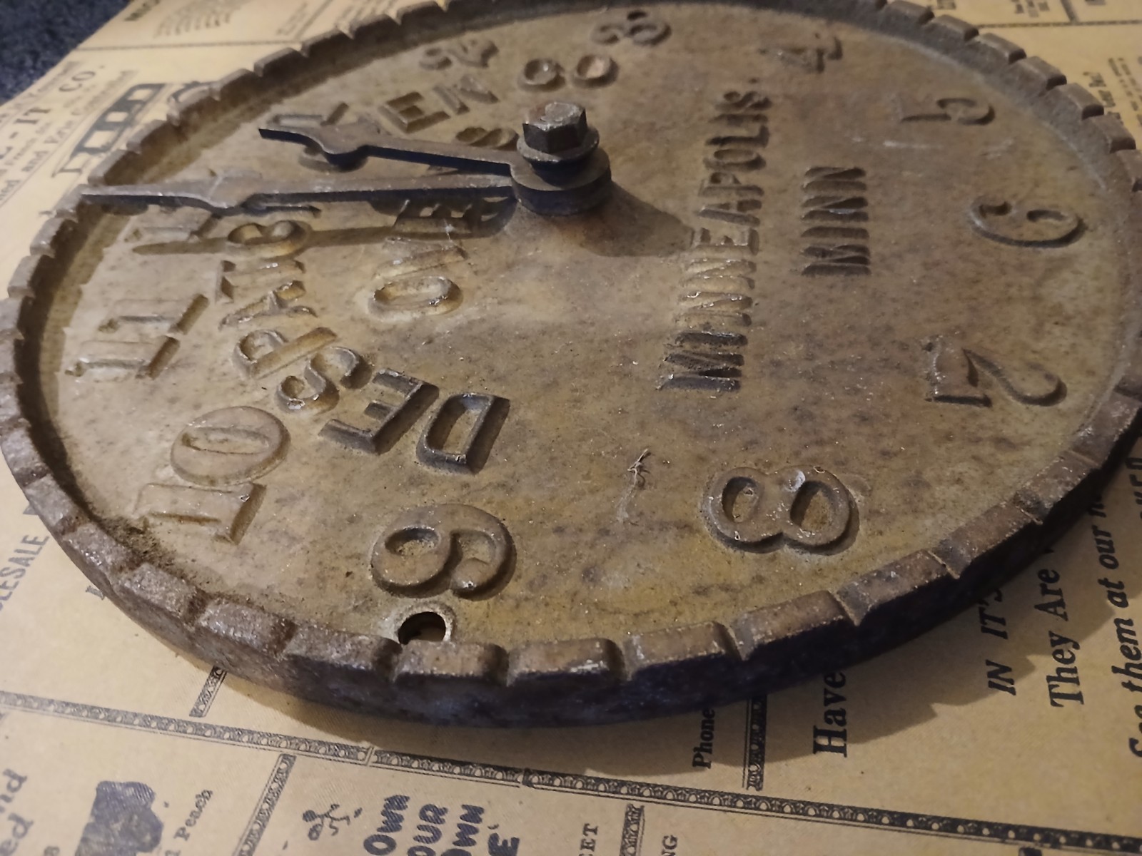 Antique Early Despatch Oven Clock Cast Iron Advertising Minneapolis Minnesota