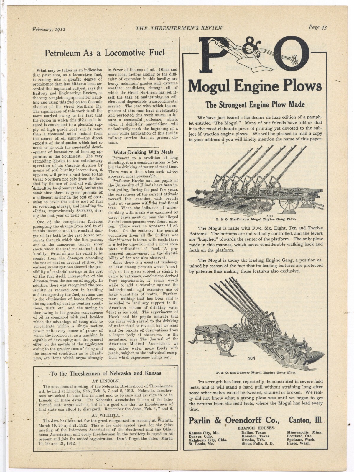 1912 P & O Parlin & Orendorff Co. Ad: Mogul Engine Plows – Canton, Illinois