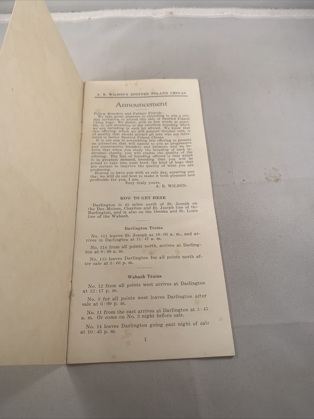 1923 Hog Sale Brochure Wilson’s Prolific Poland China Pig Farm Darlington MO