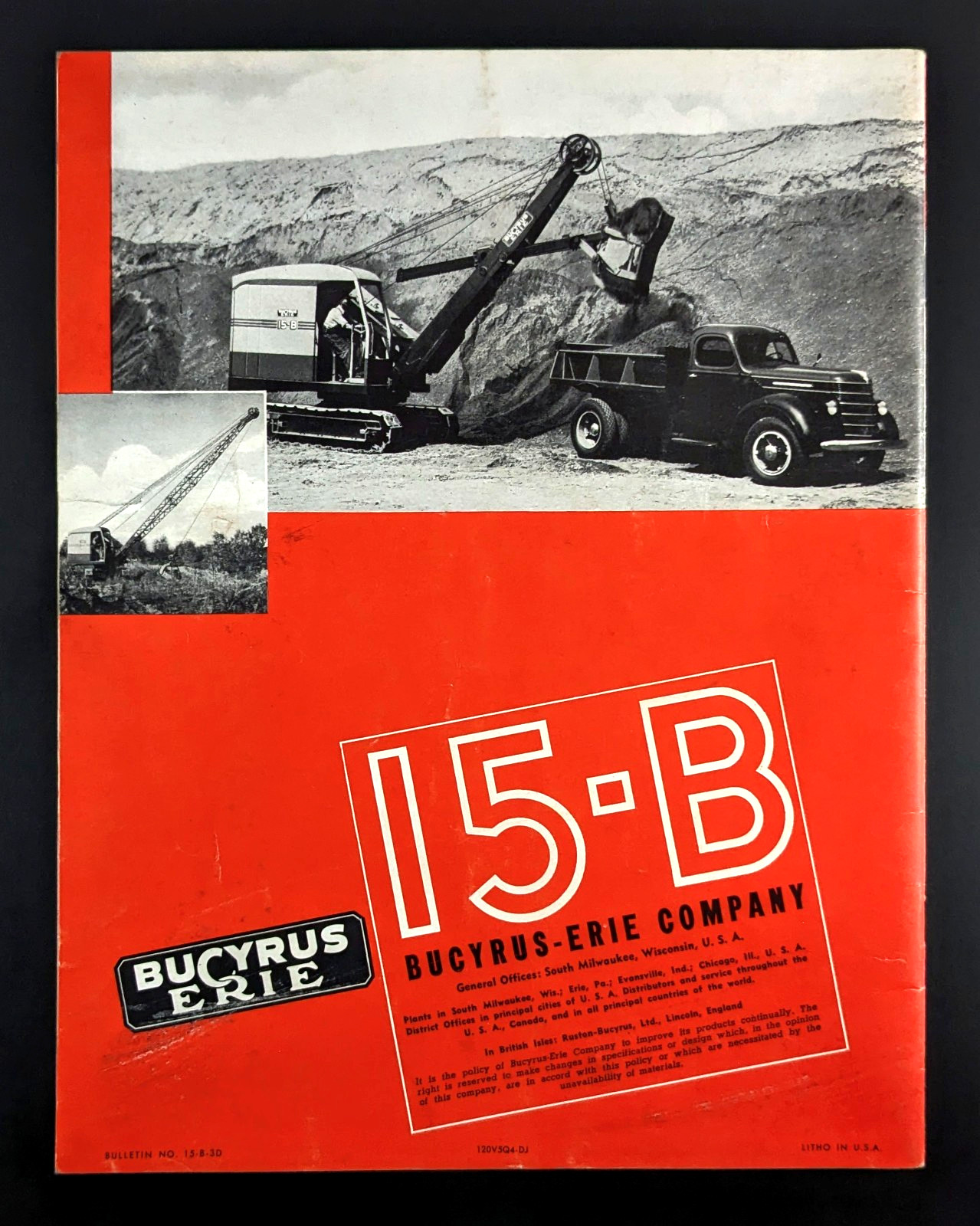 1955 Bucyrus Erie 15-B Brochure Bulletin Shovel Dragline Crane Dragshovel