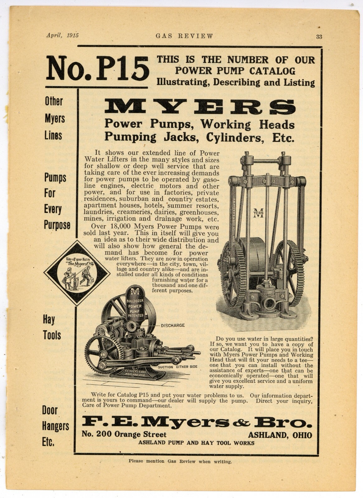 1915 F. E. Meyers & Bro. Ad: Myers Power Pumps, Jacks, Cylinders – Ashland, OhiO