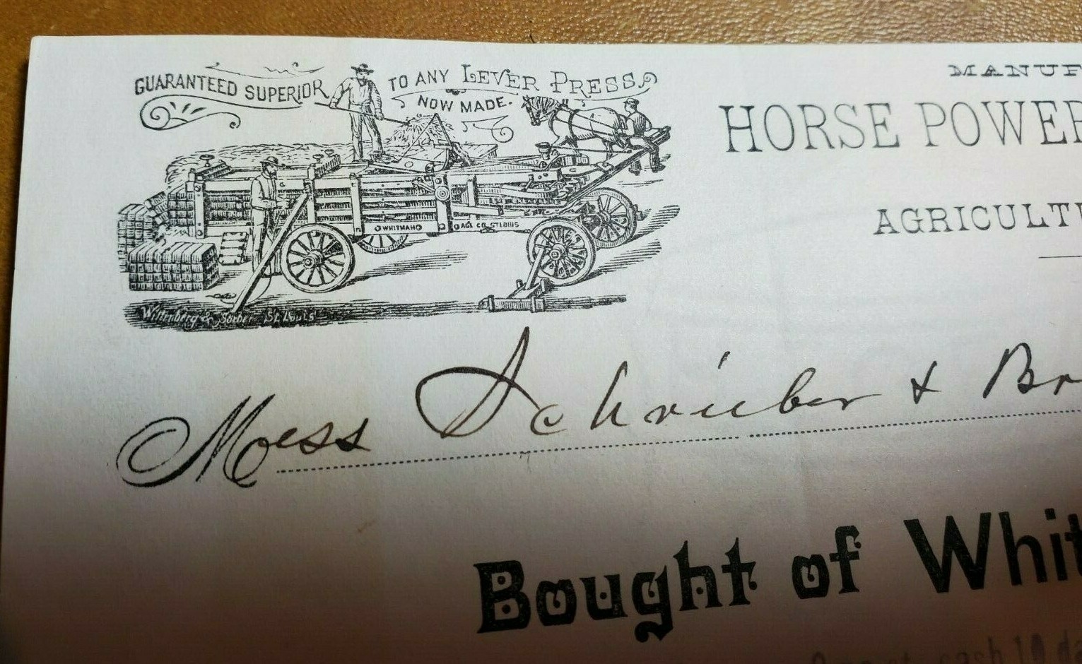 FARM IMPLEMENTS LETTERHEAD BILLHEAD WHITMAN AGRICULTURAL CO. Horse Corn Sheller