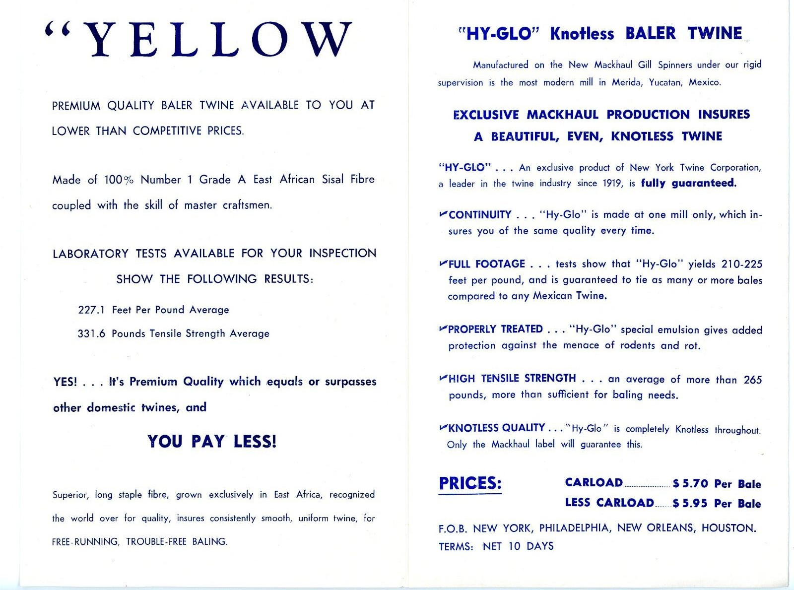 Yellow Devil Supreme Baler twine 1954-55 sales brochure New York Twine Corp