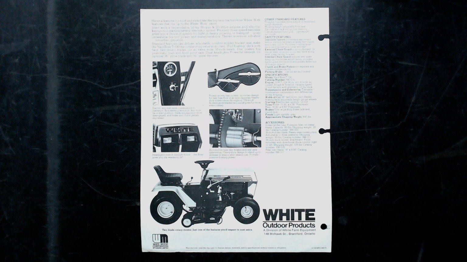 White Yard Boss T-100 Lawn Tractor Brochure Vintage Black White