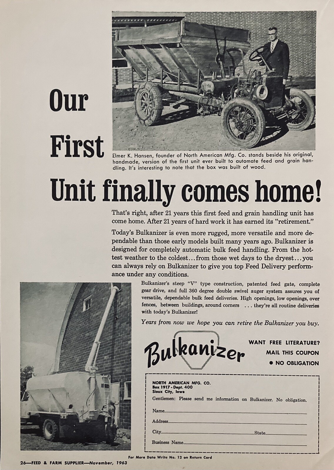 1963 AD(XH52)~NORTH AMERICAN MFG. CO. SIOUX CITY, IOWA. BULKANIZER FEED DELIVERY