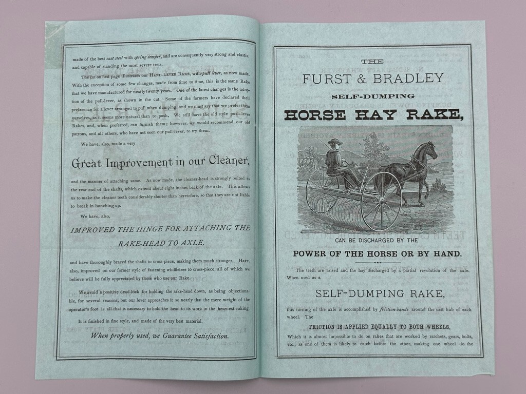 1880s FURST & BRADLEY Sulky Horse Hay Rake FARM Antique ADVERTISING Circular