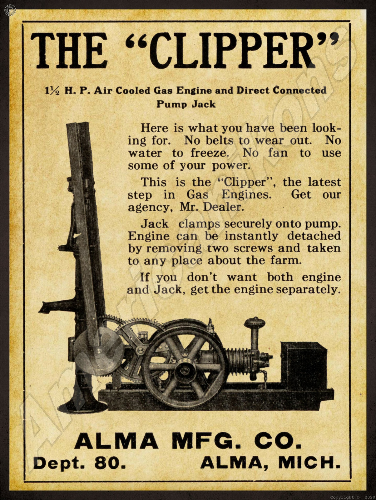 1912 Alma Gas Engine Co. New Metal Sign: Clipper Gas Engine – Alma, Michigan