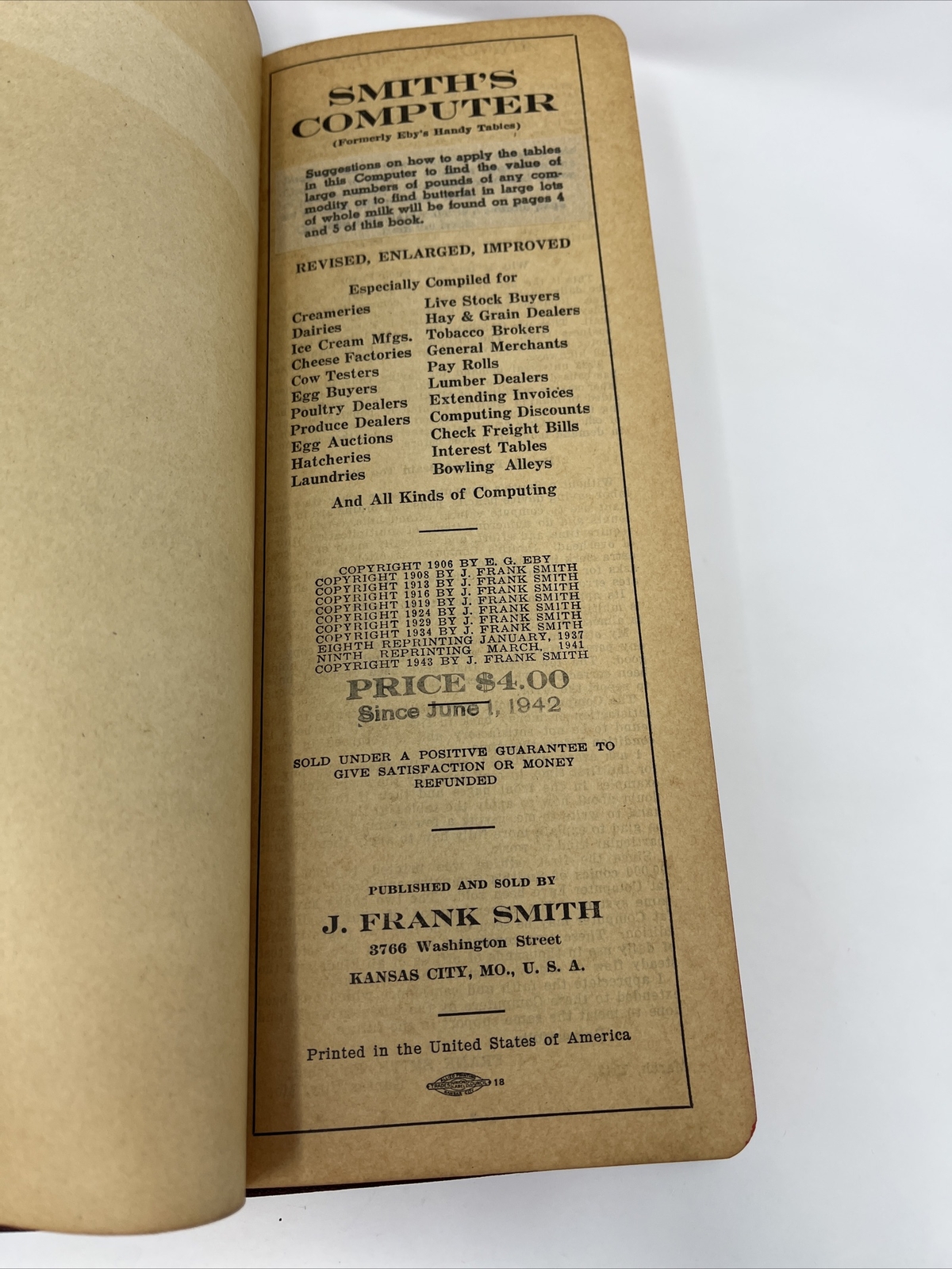 Vtg Butterfat Calculator Book 1940s Smith&rsquo;s Computer Commodities