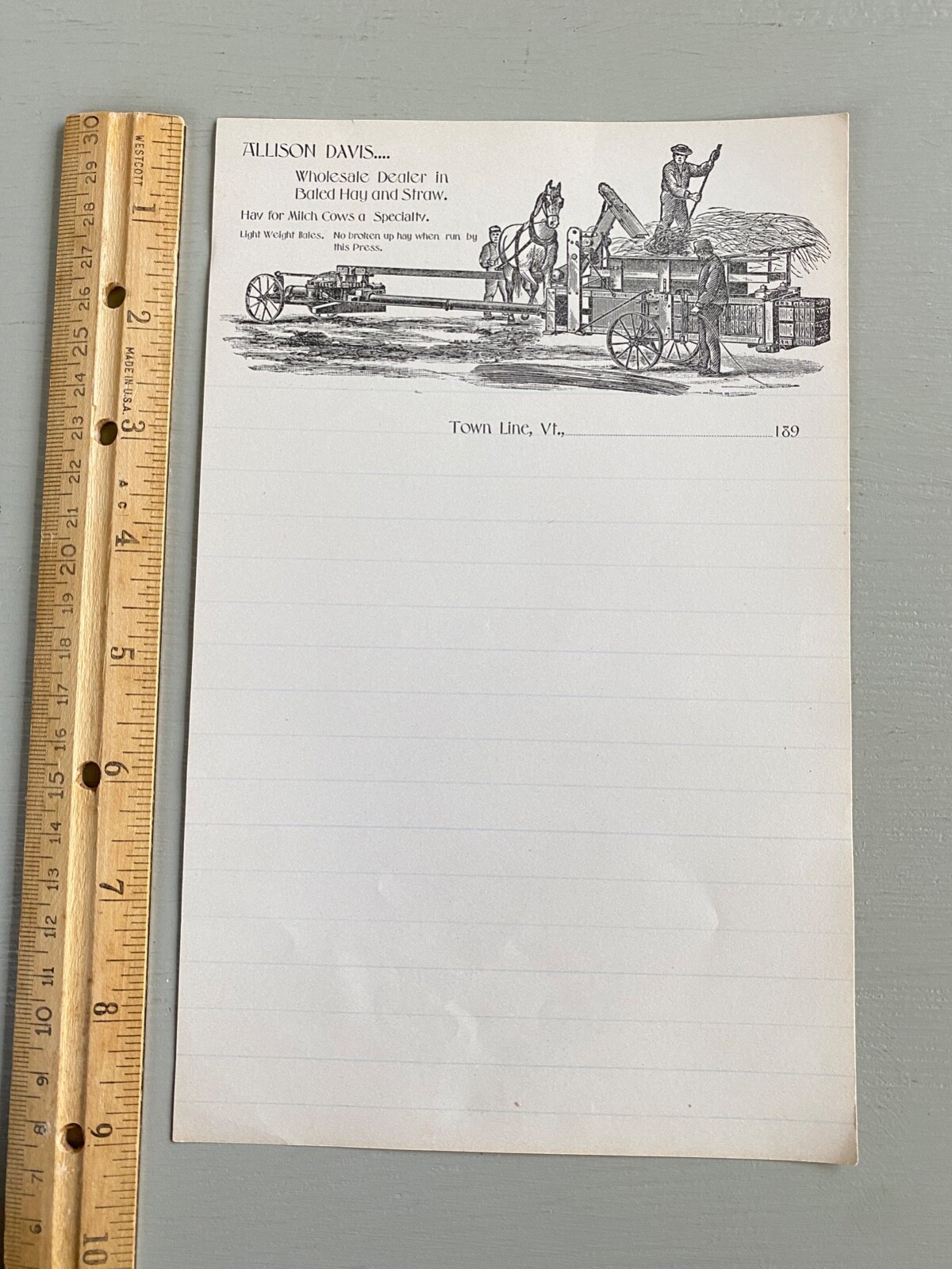 Vintage Letterhead Wholesale Dealer in Hay Straw Town Line VT Farm Ag 1890s