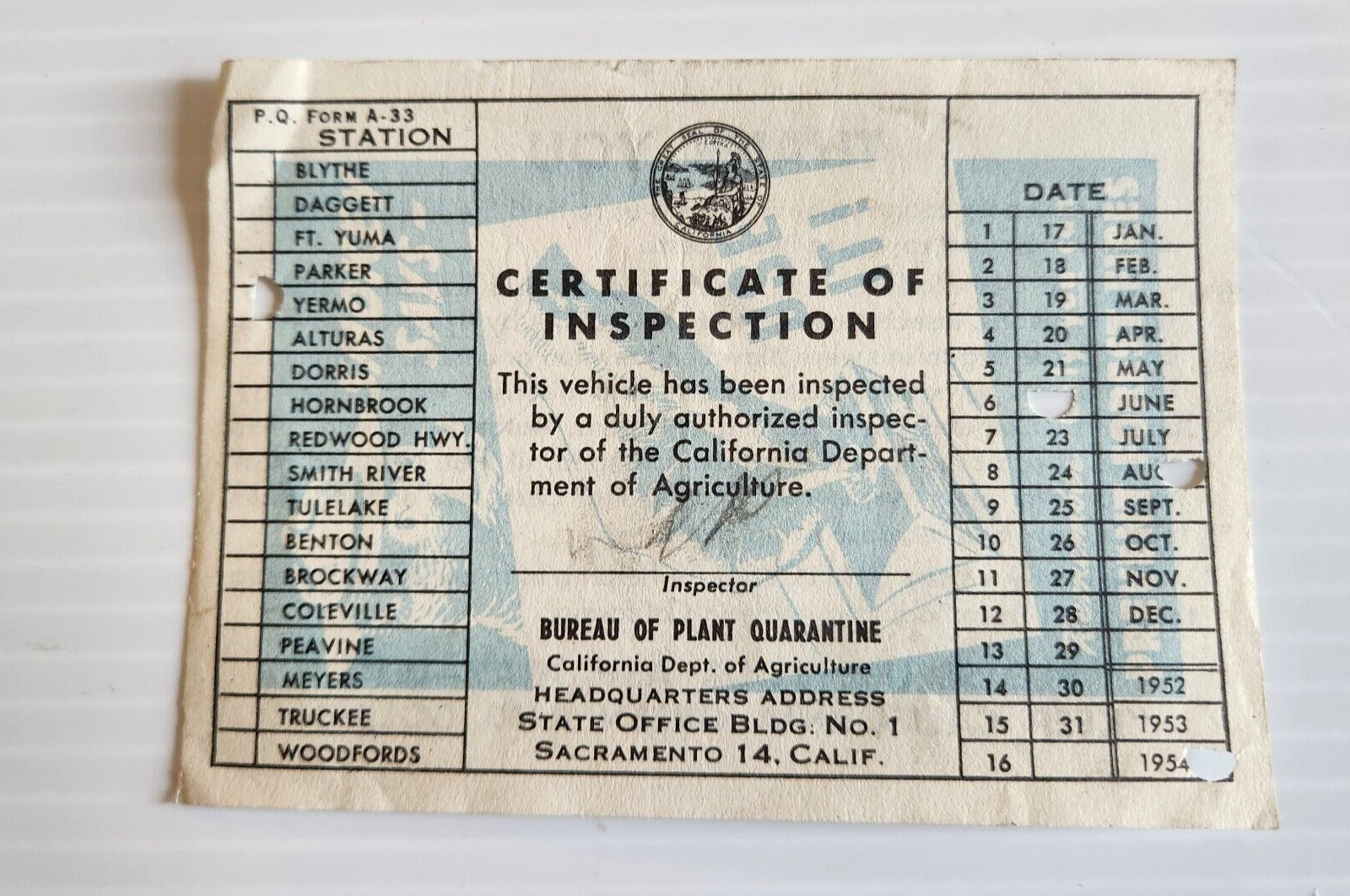 1954 California Certificate of Vehicle Inspection Paper Dept. of Agriculture