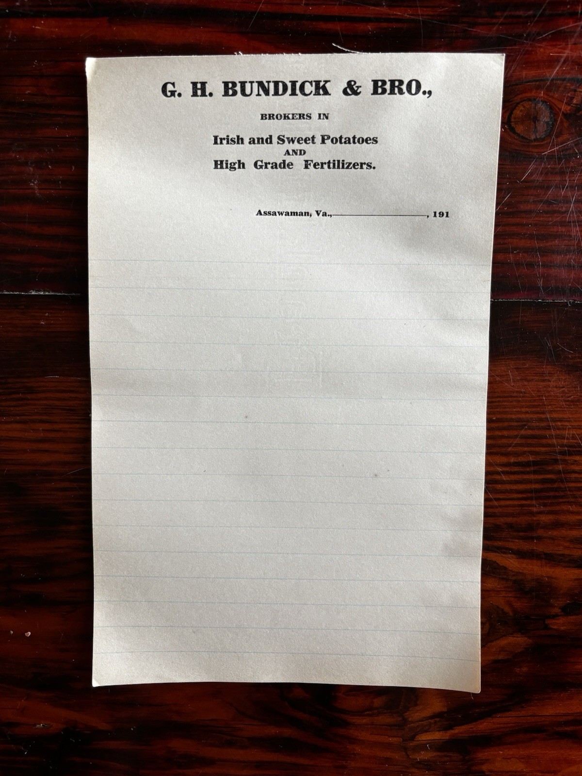 1910s G H Bundick & Bro Assawaman VA Brokers Irish & Sweet Potatoes Stationery