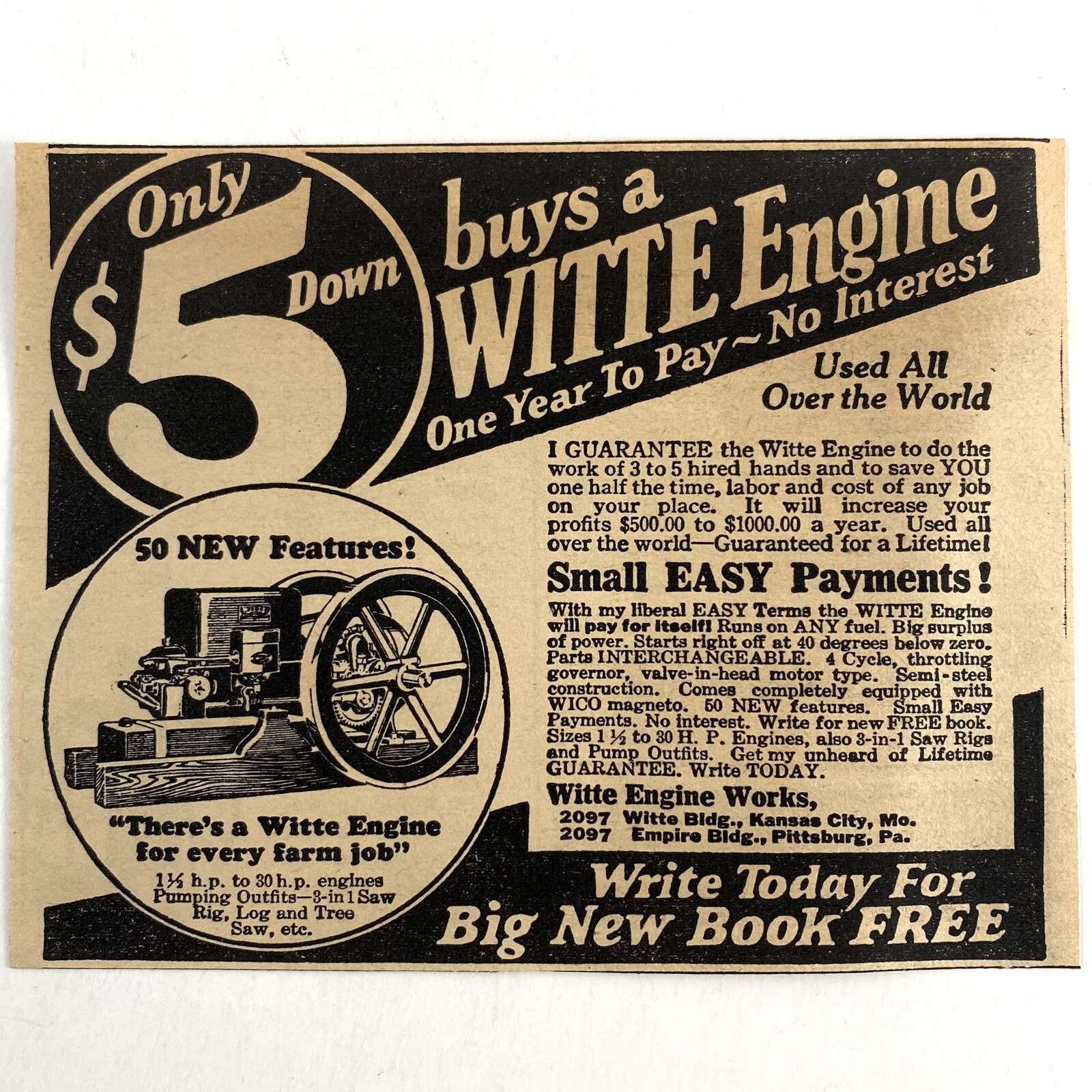 1927 Witte Engine Works $5 Vintage Magazine Print Ad Old 20’s Farm Job Equipment