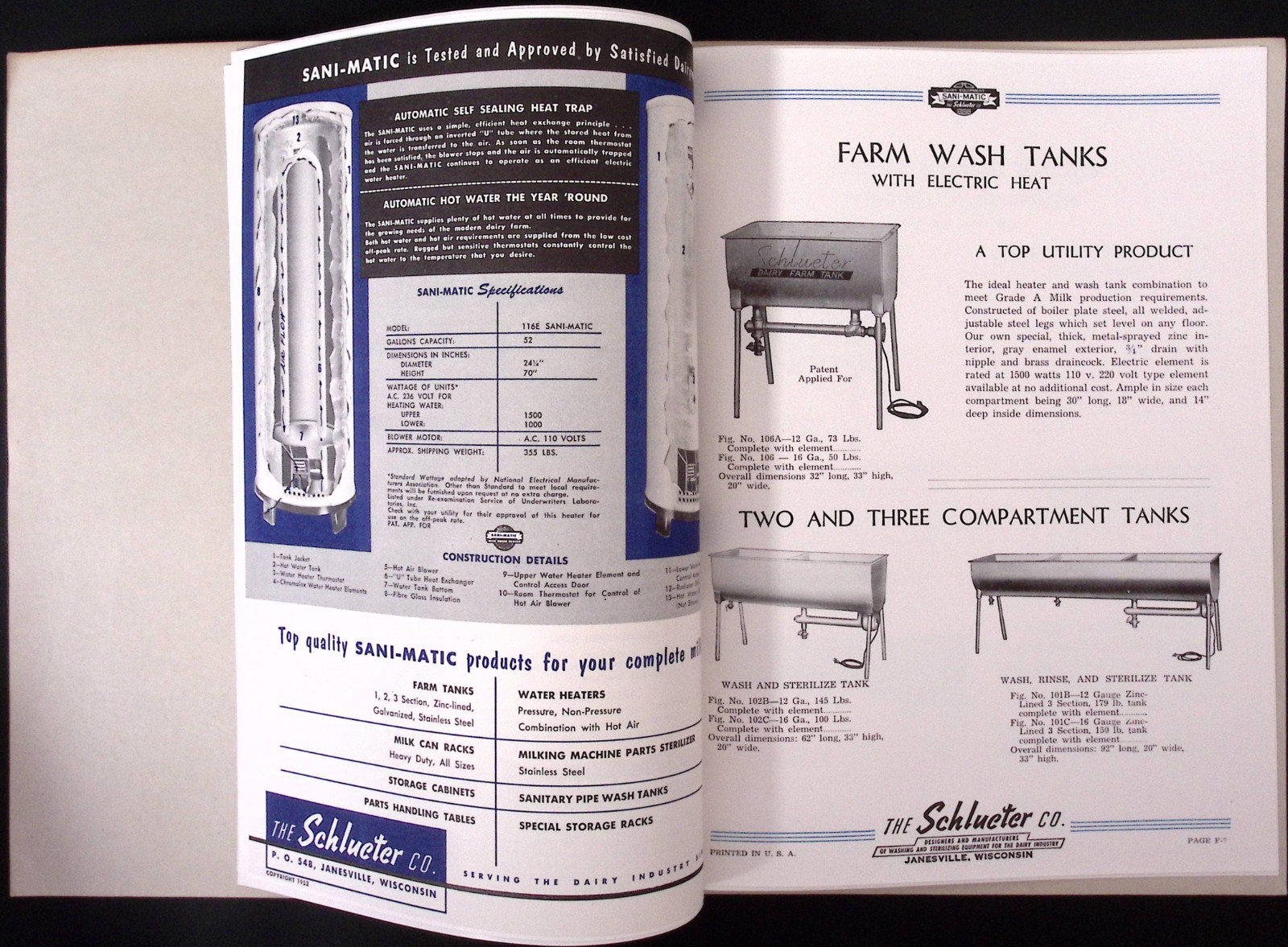 1952 Sani-Matic Washing Sterilizing Equipment for Dairy Plant & Farm Schlueter