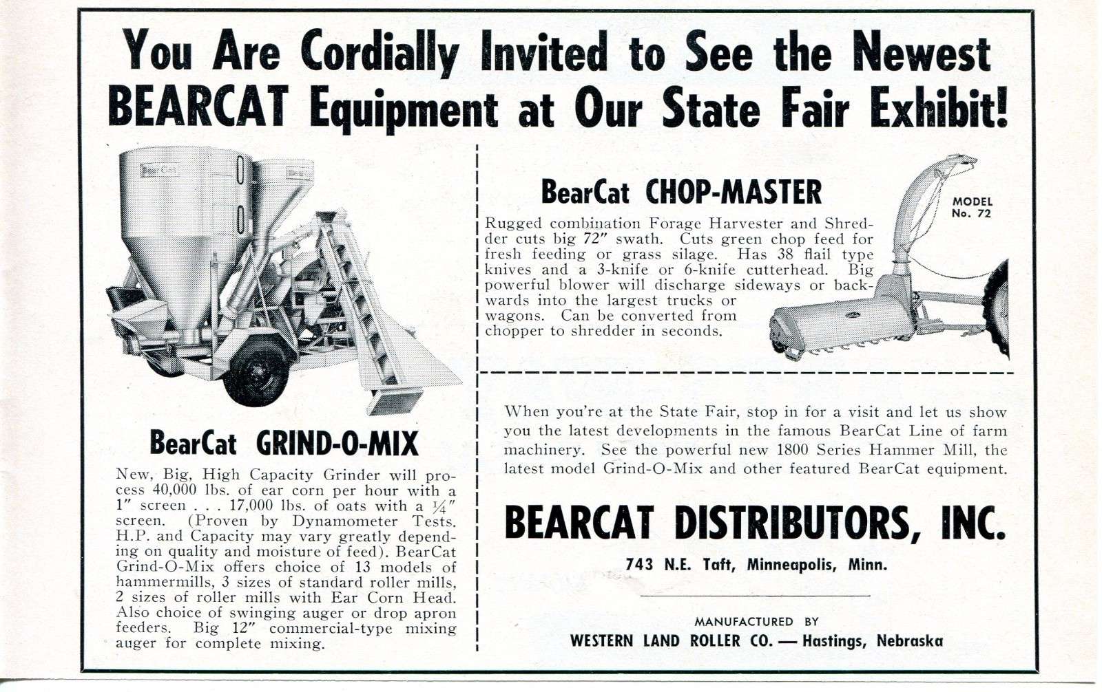 1966 Dealer Print Ad of Western Land Roller Bearcat Dist Grind-O-Mix Chop-Master