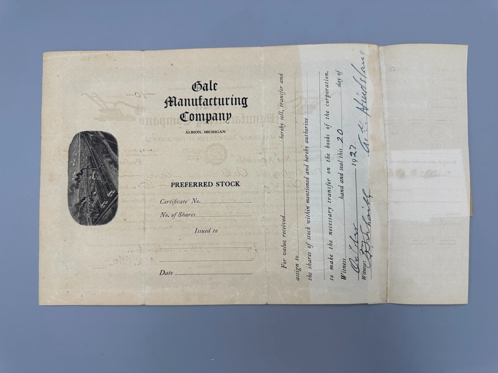 1911 GALE Mfg Co CHILLED PLOW Farm STOCK CERTIFICATE Advertising ALBION MICHIGAN