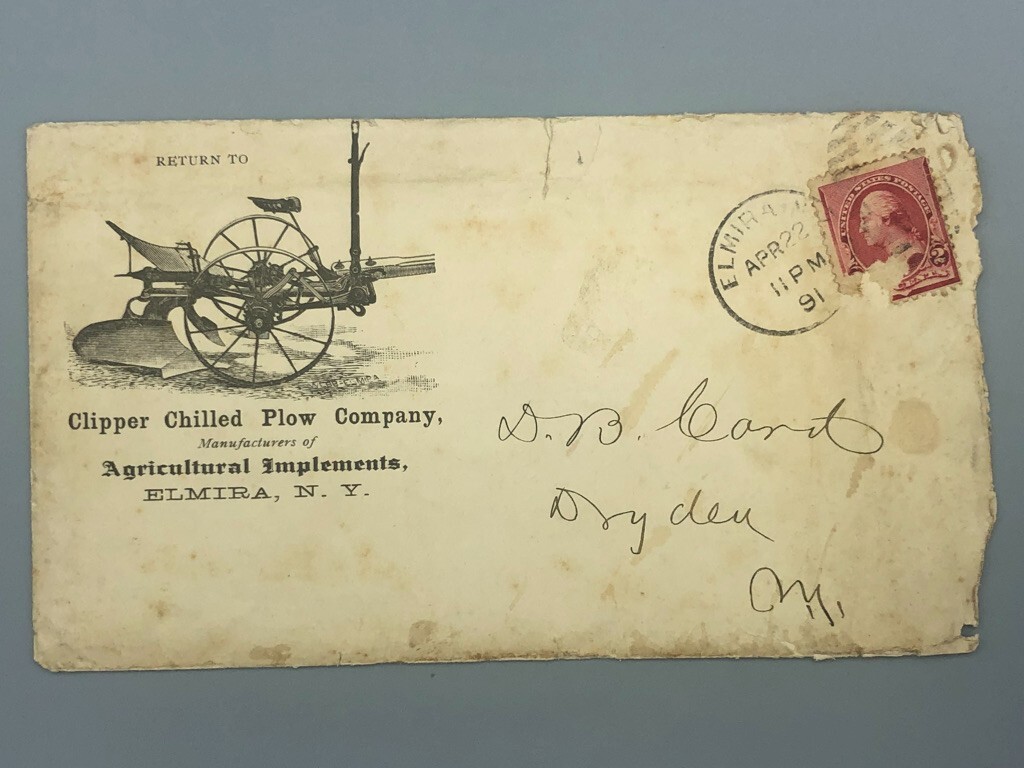 1891 CLIPPER CHILLED PLOW – ELMIRA NY Illustrated Postal Cover Farm Advertising