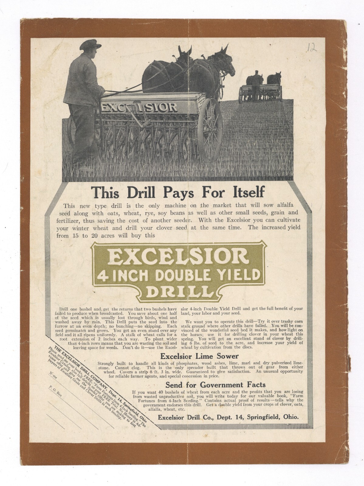 1918 Excelsior Drill Co. Ad: 4&Prime; Double Yield Drill for Farming- Springfield OhiO