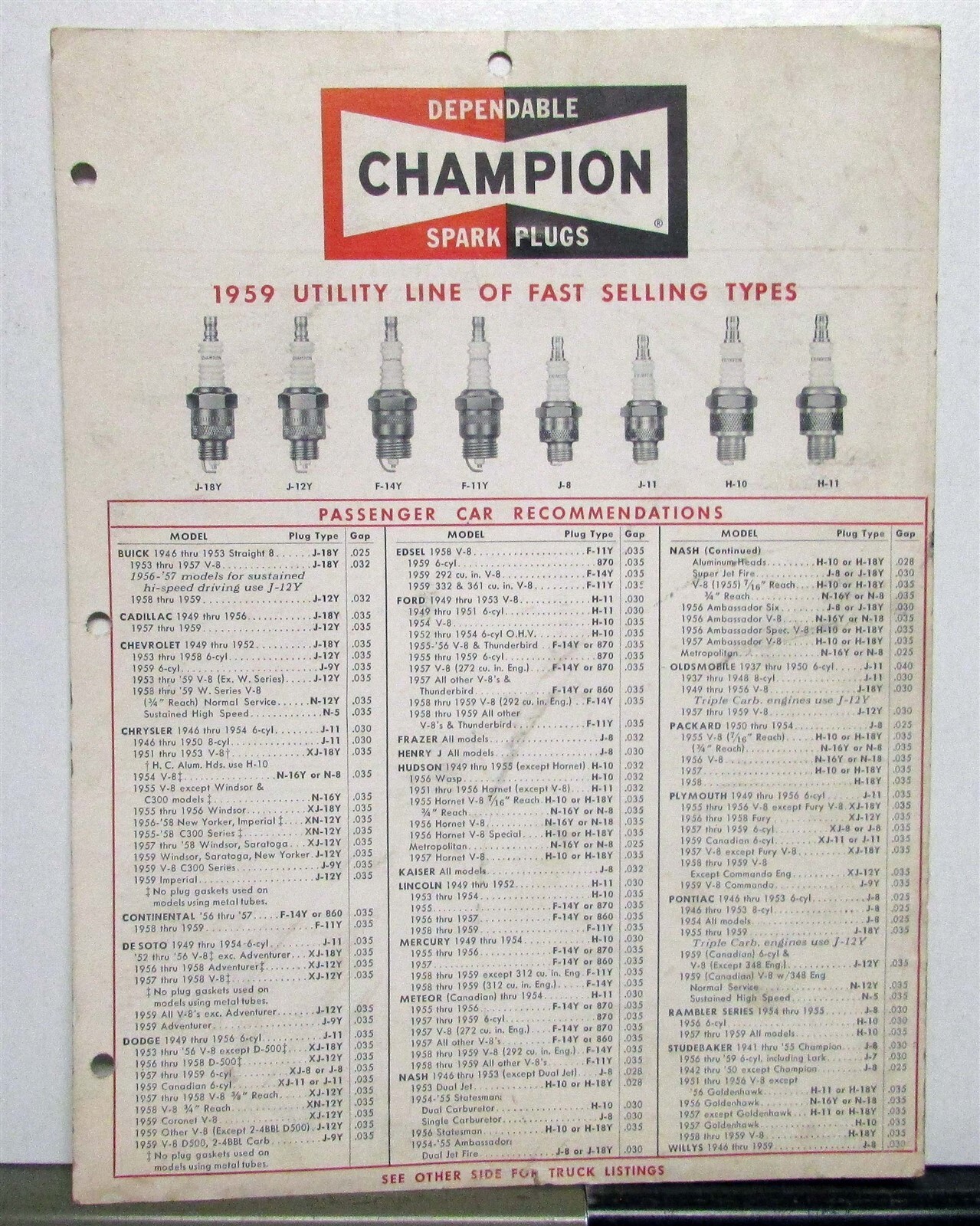 1940s Champion Spark Plugs Utility Line Cars Trucks Lawnmower Data Sheet